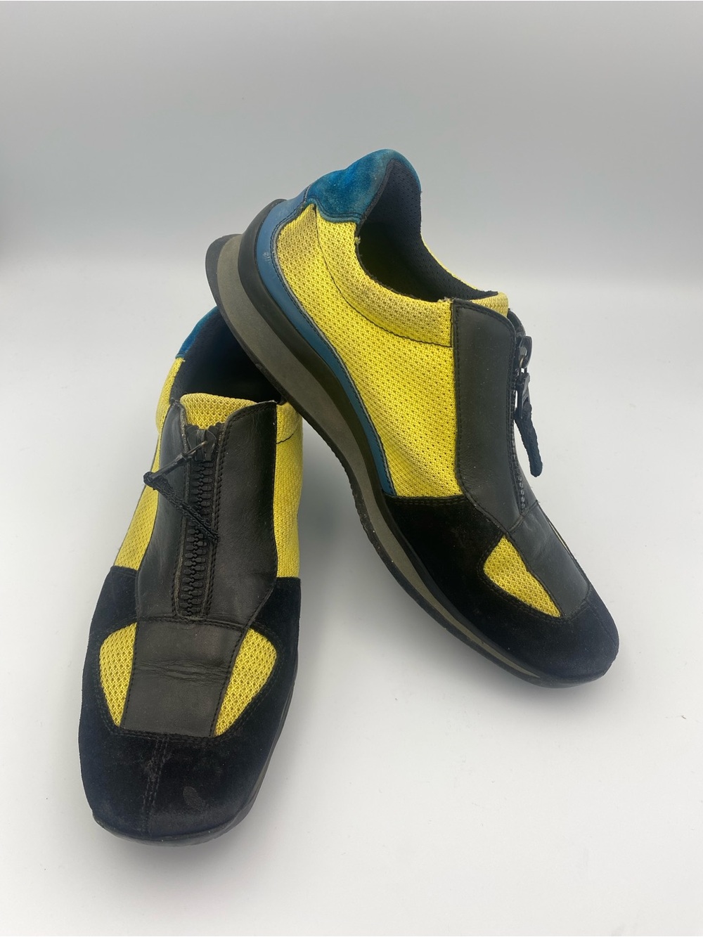 Prada Men's Yellow and Black Mesh Zip-Front Sneakers